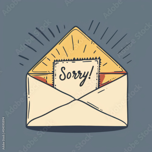 Text "Sorry!" written on a card inside an envelope letter. Simple vector illustration. Grey background.