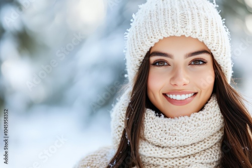 A woman with long brown hair smiles warmly while standing in a snowy environment, wearing a cozy knit hat and scarf with a blurred winter background.