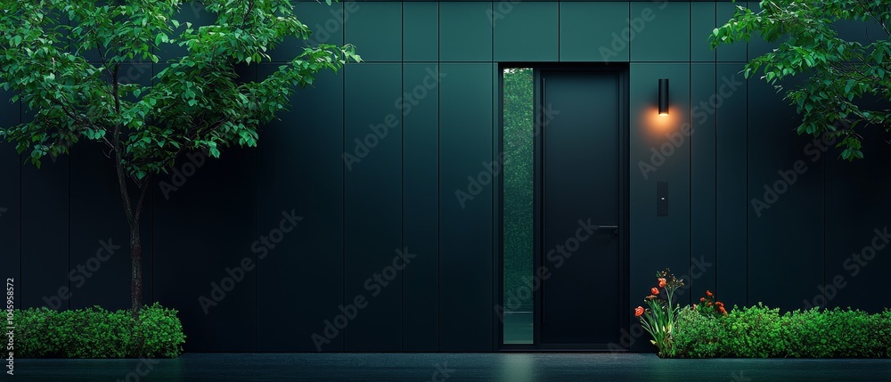 Fototapeta premium Modern Black Door with Green Foliage and Exterior Light