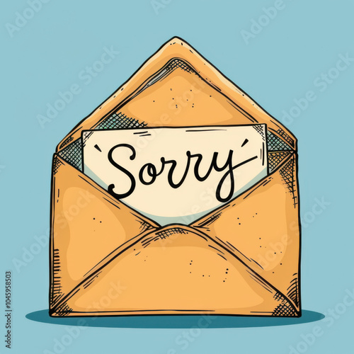 Text "Sorry!" written on a card inside an envelope letter. Simple vector illustration. Blue background.