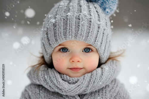 A toddler wearing a knitted gray hat and matching scarf gazes innocently at the viewer, surrounded by softly falling snow under a wintry sky in a serene scene.