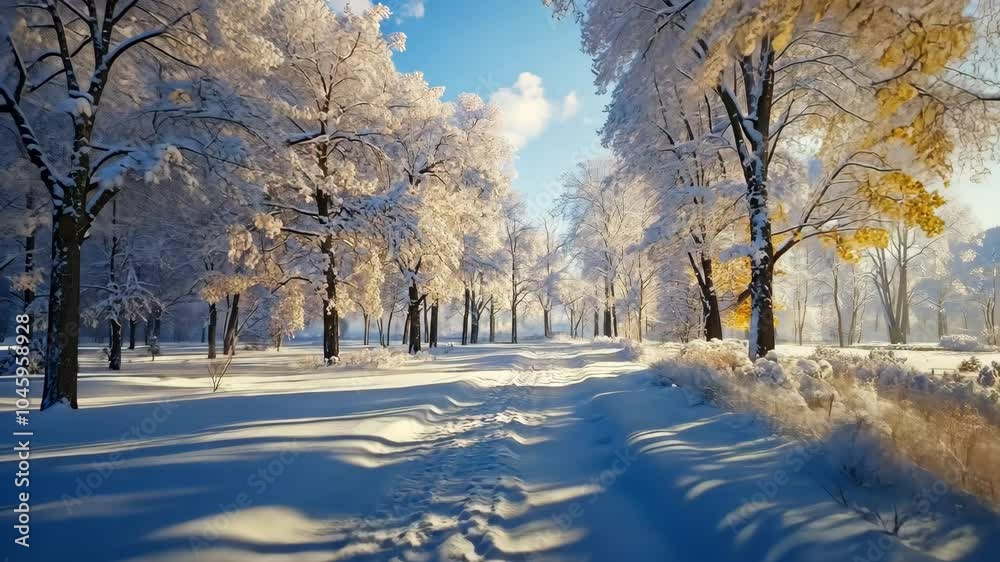 Snowy path through a quiet suburban park, with tall, frosty trees and the soft sound of crunching snow underfoot. . Video Snowy path through a quiet suburban park, with tall, frosty trees and the soft sound of crunching snow underfoot. . Video