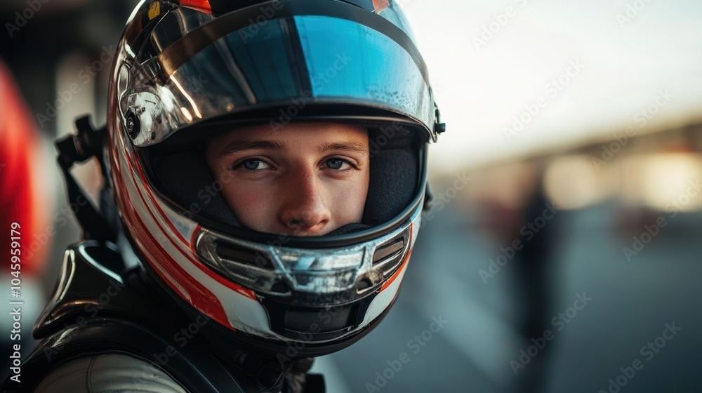 A focused professional racer, wearing a helmet, displays determination as they get ready for the race at the track before the start. Generative AI A focused professional racer, wearing a helmet, displays determination as they get ready for the race at the track before the start. Generative AI