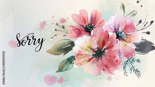 The text "sorry" with delicate flowers. Watercolor illustration. Pastel colors.