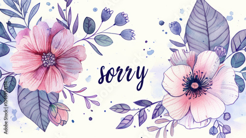 The text "sorry" with delicate flowers. Watercolor illustration. Pastel purple colors.
