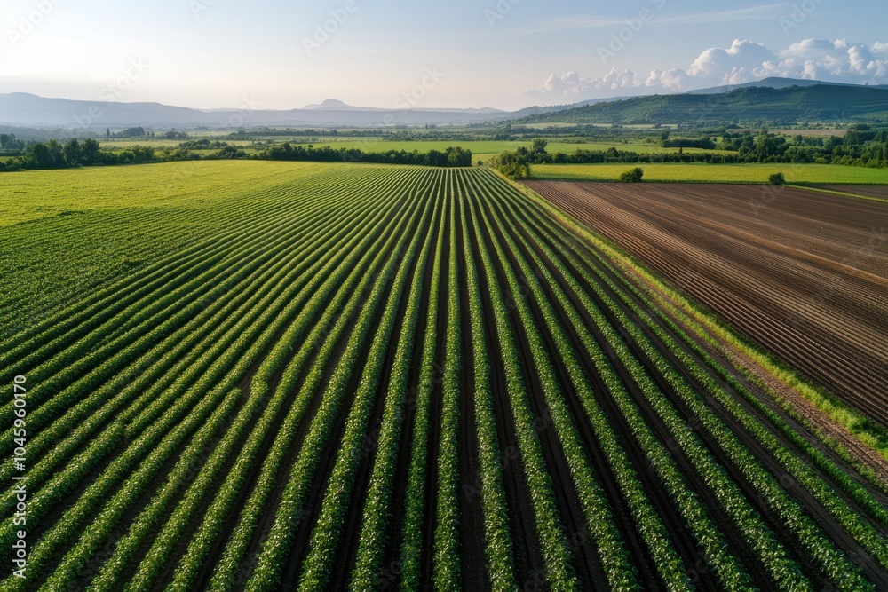 This image presents expansive rows of lush green crops growing under clear blue skies, reflecting modern agricultural efficiency and the beauty of cultivated land. This image presents expansive rows of lush green crops growing under clear blue skies, reflecting modern agricultural efficiency and the beauty of cultivated land.