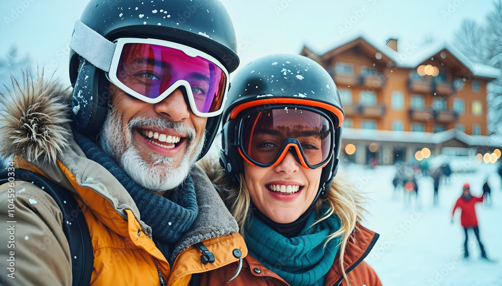 happy elderly couple in snow gear smiling at ski resort in the mountains, winter vacation, adventure and lifestyle, active seniors