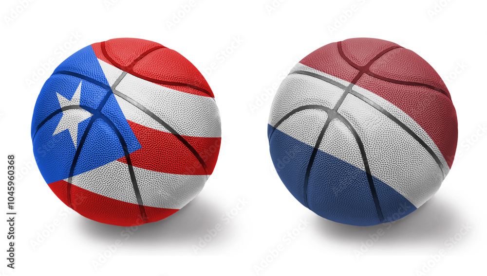 basketball balls with the national flags of netherlands and puerto rico on the white background. basketball balls with the national flags of netherlands and puerto rico on the white background.