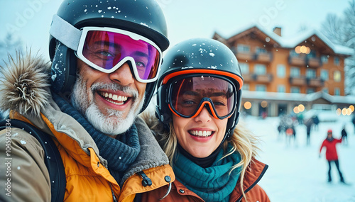 happy elderly couple in snow gear smiling at ski resort in the mountains, winter vacation, adventure and lifestyle, active seniors