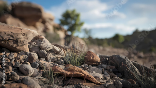 Close-up of rocky terrain with pebbles, grass, and a blurred background of trees and sky, capturing nature's serene beauty.