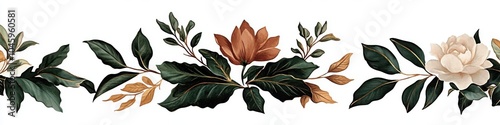 Elegant floral border with magnolia leaves and blooms in earth tones. photo