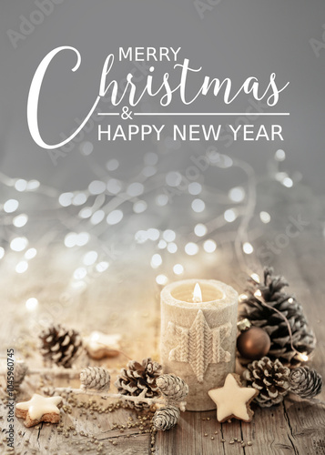 Christmas and Happy New Year Greeting Card - White Christmas candle on rustic wooden boards - Decoration with natural elements, twigs, pine cones and cookies - Advent time