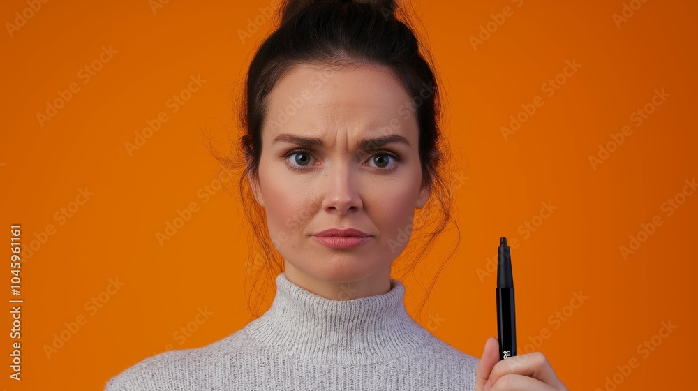 Woman with a ponytail holding a marker pen sheepishly, studio environment, orange background Woman with a ponytail holding a marker pen sheepishly, studio environment, orange background