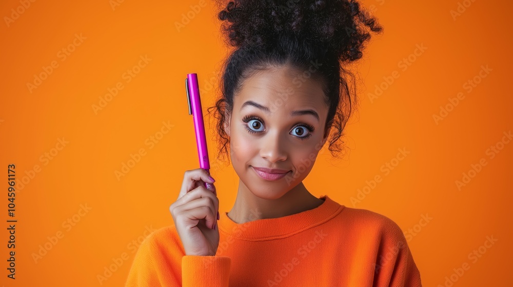 Woman with a ponytail holding a marker pen sheepishly, studio environment, orange background Woman with a ponytail holding a marker pen sheepishly, studio environment, orange background