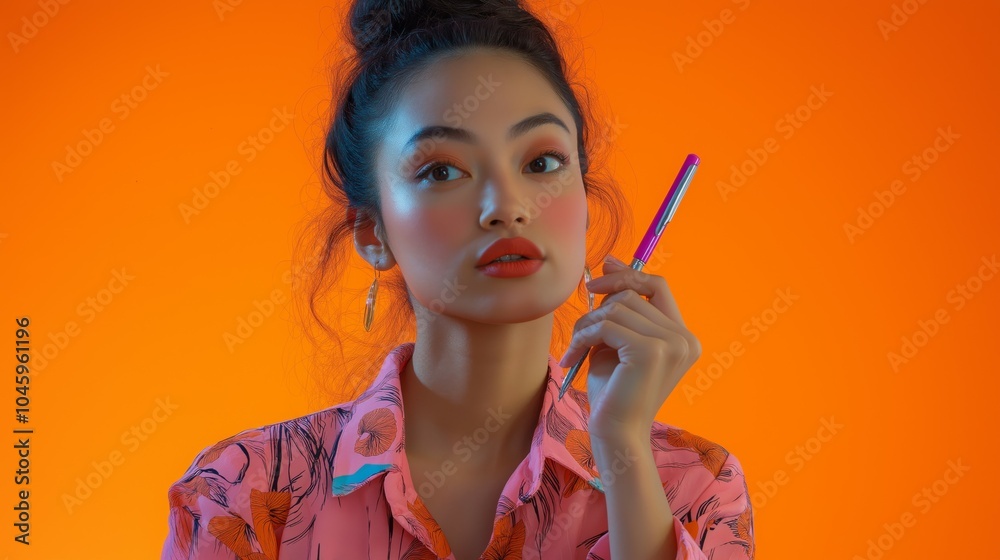 Woman with a ponytail holding a marker pen sheepishly, studio environment, orange background Woman with a ponytail holding a marker pen sheepishly, studio environment, orange background