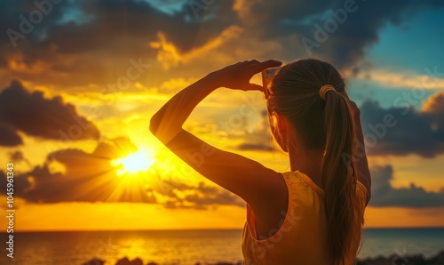 The woman making frame round the sun with her hands in sunrise, Future planning idea concept