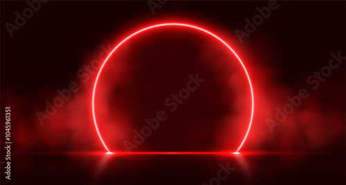 Neon arch with smoke, red glowing portal, futuristic circle gate, magic stage with vapor. Vector illustration.