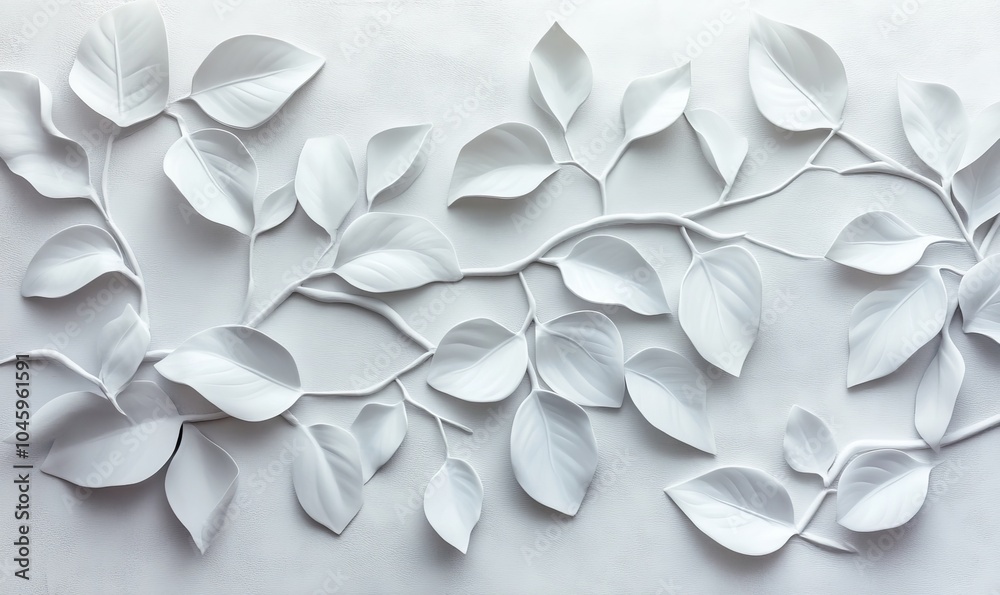 White textured wall with decorative leaves White textured wall with decorative leaves