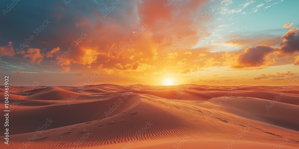 Expansive desert landscape with rolling dunes set against a breathtaking sunset sky filled with vibrant colors. Expansive desert landscape with rolling dunes set against a breathtaking sunset sky filled with vibrant colors.