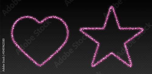 Pink glitter frames, shimmering borders in heart and star shapes, festive holiday sparkles. Christmas decoration. Vector illustration.