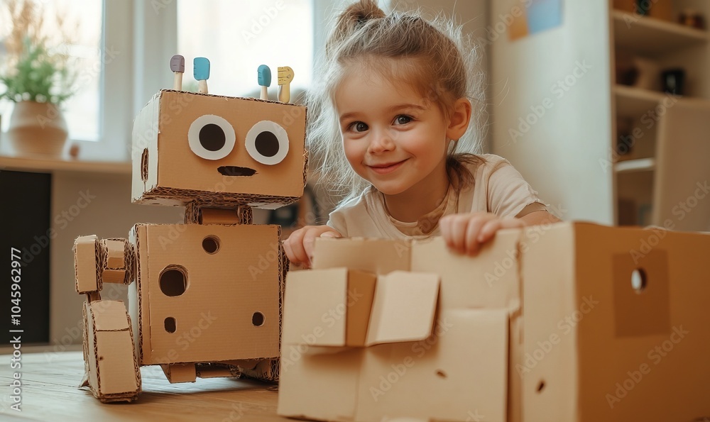 two little children together in creativity of the house. Happy kid makes the robot from cardboard boxes. Children's creativity two little children together in creativity of the house. Happy kid makes the robot from cardboard boxes. Children's creativity