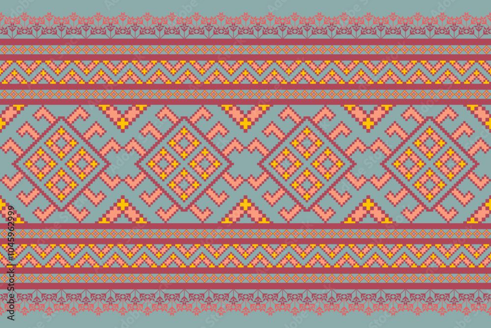 Pixel Art Textile Patterns Seamless Fabric Backgrounds.Abstract ethnic square design with vintage tone grey and red color. Pixel Art Textile Patterns Seamless Fabric Backgrounds.Abstract ethnic square design with vintage tone grey and red color.