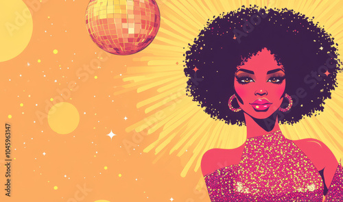 close-up glamorous portrait vintage illustration woman with afro hair in sequin dress, disco style