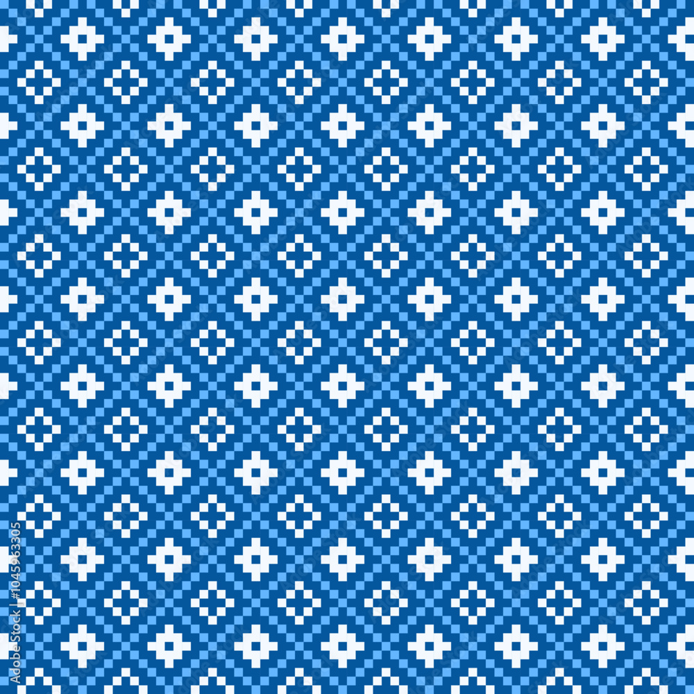 Abstract pixel art seamless fabric Background of geometric square pattern with blue and white tone for wallpaper,fabric,printing and poster Abstract pixel art seamless fabric Background of geometric square pattern with blue and white tone for wallpaper,fabric,printing and poster