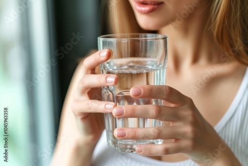 A close-up of a thirsty woman holding a glass of refreshing water, captured indoors during a warm afternoon