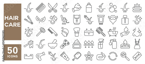 Set of 50 line icons related to hair care, scalp, root, scrub, treatment, coloring, washing, conditioner, Editable stroke. Vector illustration