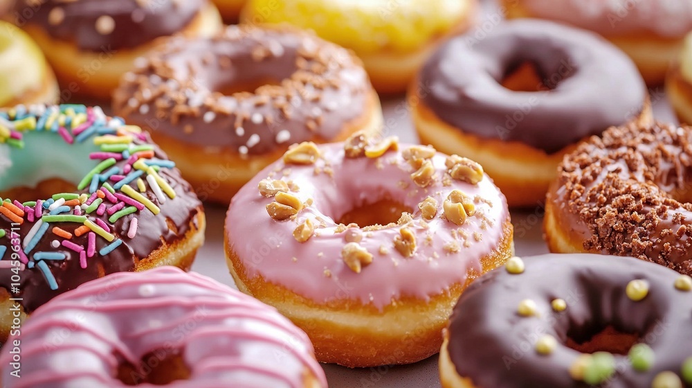 Close-up of multiple doughnuts adorned with sprinkles and various toppings on a table Close-up of multiple doughnuts adorned with sprinkles and various toppings on a table