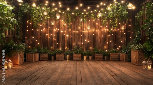 Rustic barn wedding stage with wooden crates and fairy lights A wooden stage is set up inside a barn, decorated with rustic elements like wooden crates, lanterns, and strings of warm fairy lights.