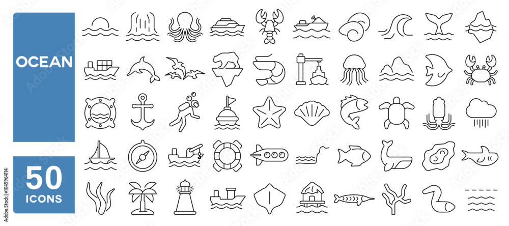 Set of 50 line icons related to ocean, sea, island, ice, waterfall, ferry, ship, whale, turtle, fish, shark, crab, underwater, Editable stroke. Vector illustration