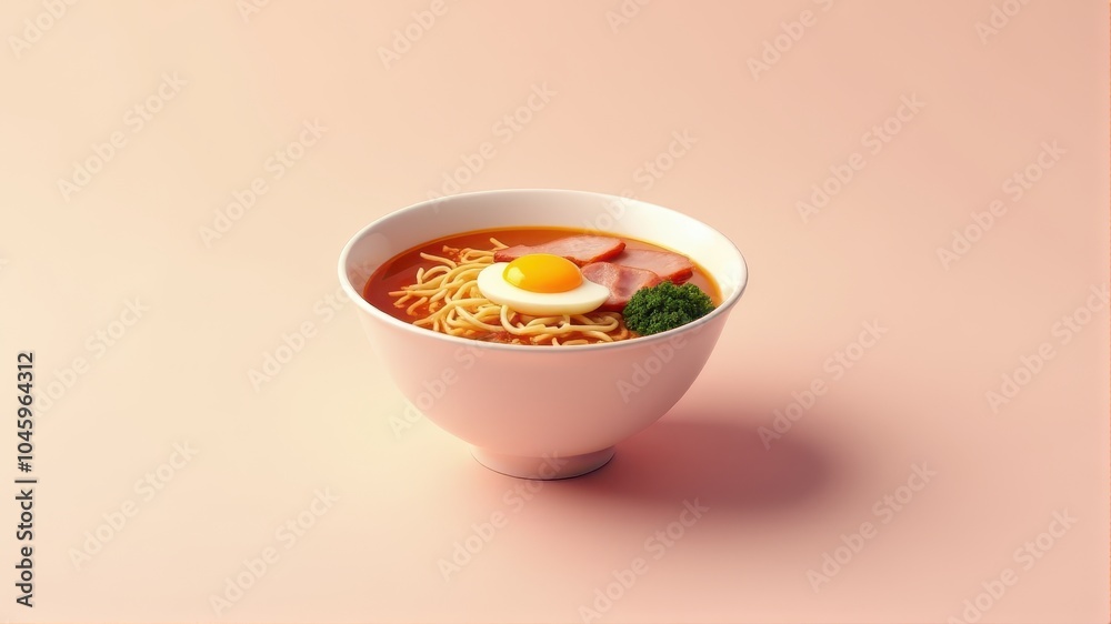 A bowl of hot ramen garnished with a sunny-side-up egg, slices of meat, and broccoli on a soft, warm background.
