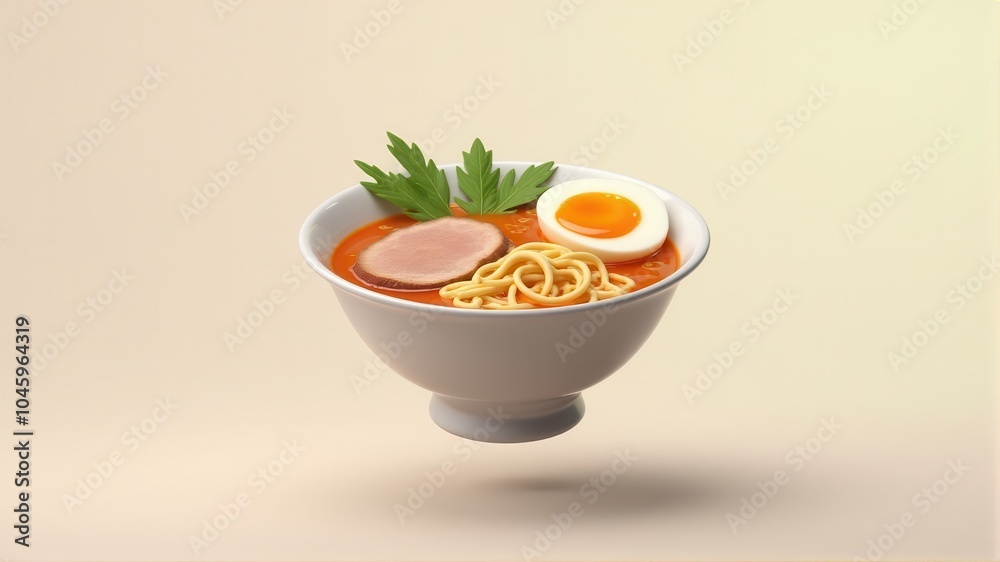 A delicious bowl of ramen with noodles, boiled egg, sliced pork, and fresh herbs in savory broth floats gracefully against a neutral background. A delicious bowl of ramen with noodles, boiled egg, sliced pork, and fresh herbs in savory broth floats gracefully against a neutral background.