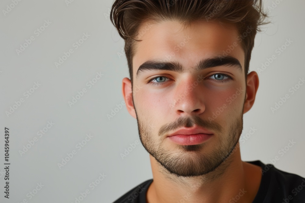 Close-up headshot of a confident young man displaying serious concentration with striking blue eyes against a neutral background Close-up headshot of a confident young man displaying serious concentration with striking blue eyes against a neutral background