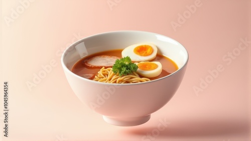 Wallpaper Mural A bowl of ramen with a soft-boiled egg, sliced pork, and parsley garnish on a light pink background. Torontodigital.ca