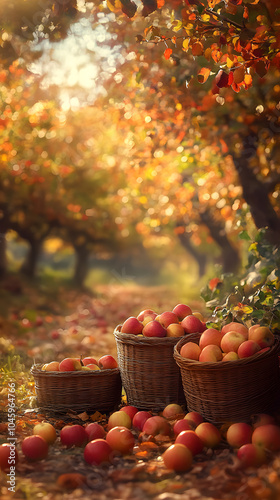 A scenic view of an apple orchard in autumn, featuring baskets filled with freshly harvested apples.