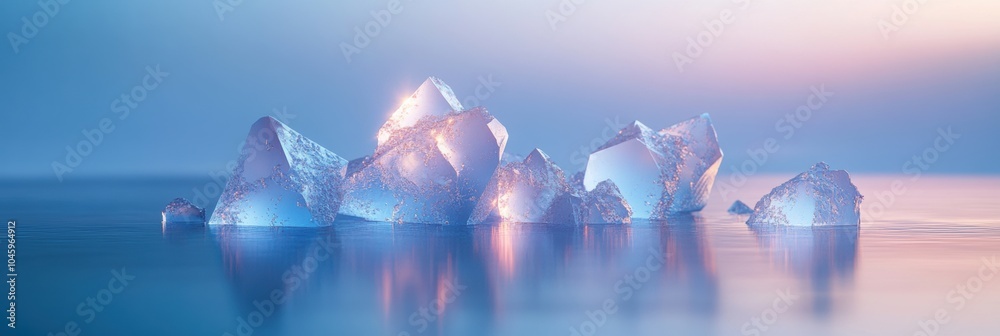 Dazzling icy crystals radiate a soft glow, creating abstract reflections on a tranquil blue surface during twilight hours. Generative AI Dazzling icy crystals radiate a soft glow, creating abstract reflections on a tranquil blue surface during twilight hours. Generative AI