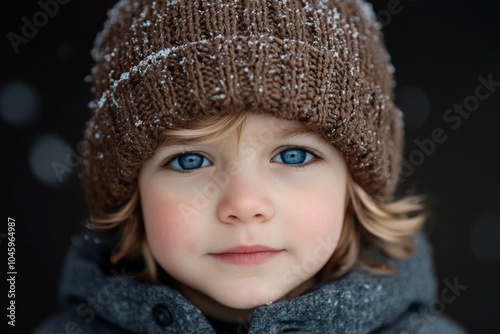 A blonde child with striking blue eyes is wearing a brown hat, gazing ahead with a calm expression as snowflakes gently land on them, a peaceful winter portrait.