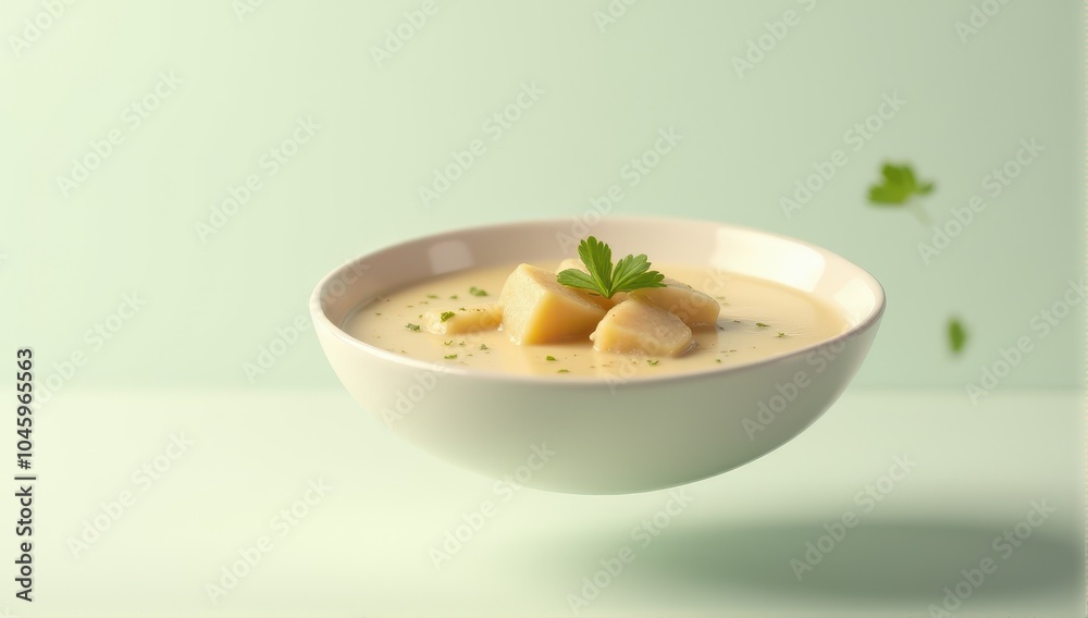 A creamy potato soup garnished with parsley in a white bowl set against a soft green backdrop. A creamy potato soup garnished with parsley in a white bowl set against a soft green backdrop.