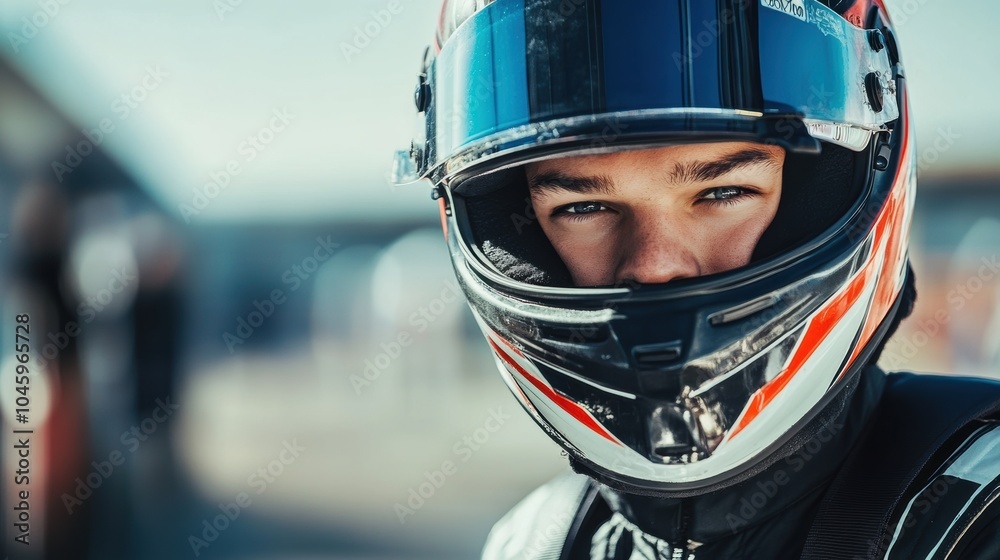 A professional racer, wearing a helmet, exhibits a focused expression as they gear up for an upcoming race at a motorsport event. Generative AI A professional racer, wearing a helmet, exhibits a focused expression as they gear up for an upcoming race at a motorsport event. Generative AI