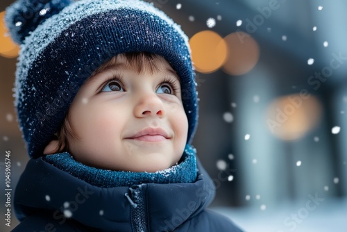 An endearing young boy in a navy blue jacket peers skyward, his expression filled with awe, surrounded by gently drifting snowflakes in the crisp air. photo