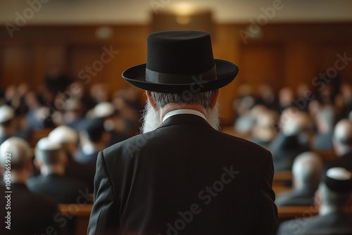 Rabbi Giving a Sermon: A rabbi standing at the front of the synagogue, delivering a sermon during the Rosh Hashanah service. photo