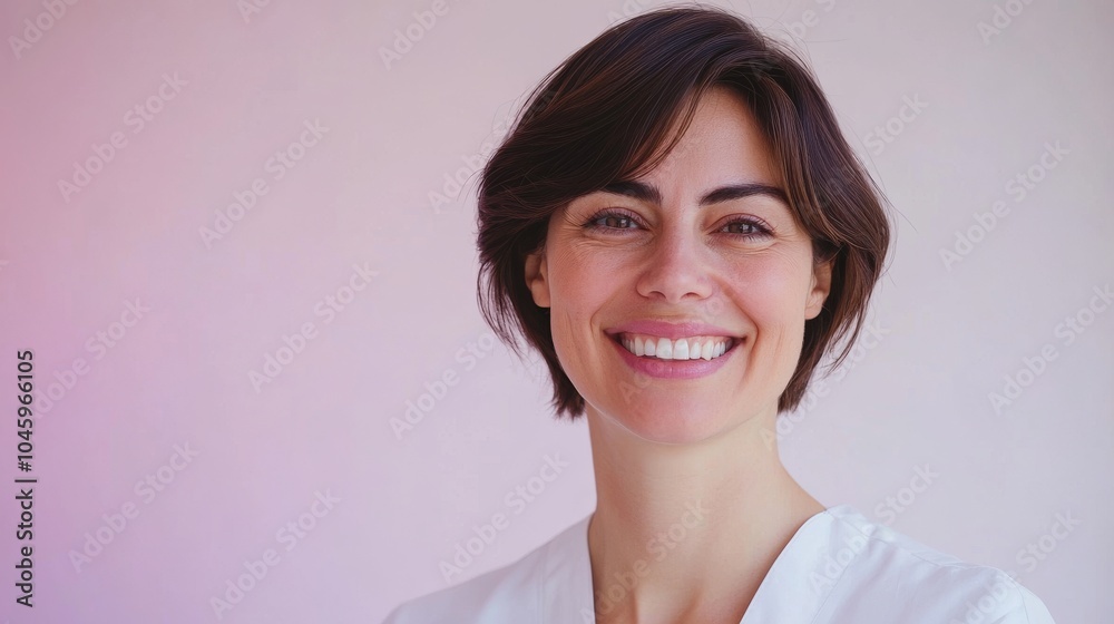 Smiling female dentist with short hair in a white coat against a light purple gradient background, with copy space
Smiling female dentist with short hair in a white coat against a light purple gradient background, with copy space