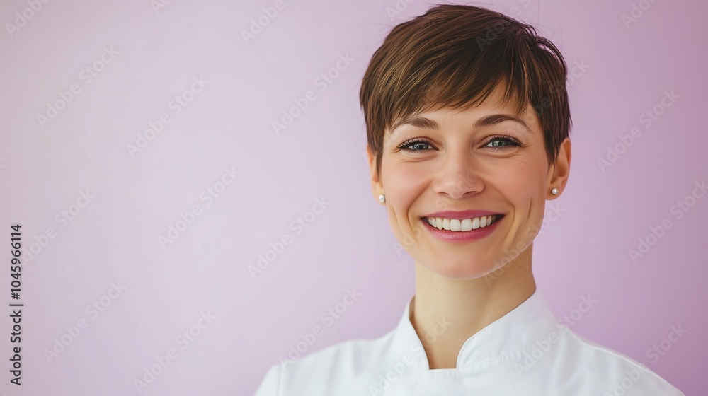 Smiling female dentist with short modern haircut, wearing a white coat, standing against a light purple gradient background. Smiling female dentist with short modern haircut, wearing a white coat, standing against a light purple gradient background.