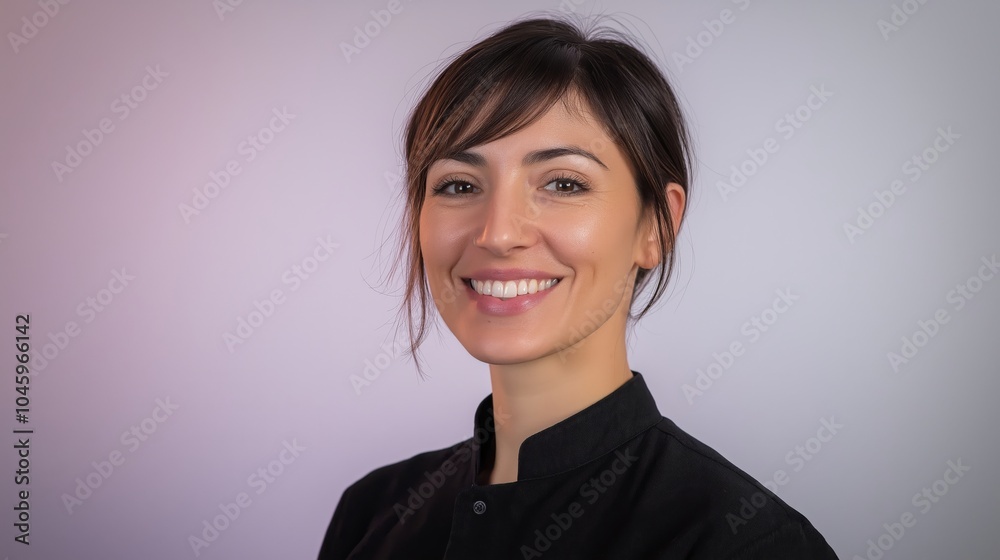 Smiling female dentist with short modern haircut wearing black professional attire, posed against a light purple gradient background. Smiling female dentist with short modern haircut wearing black professional attire, posed against a light purple gradient background.