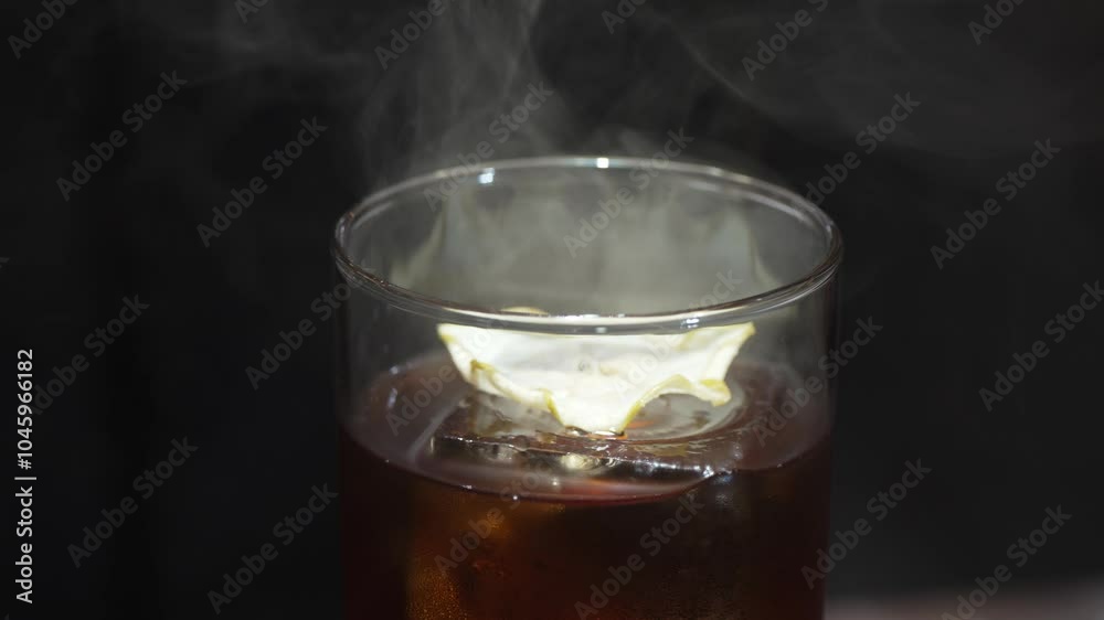 Closeup bartender opening mist of rotated mixed smokey cocktail glass decorated dried sliced lemon on top making special drink list for advertisement in focusing alcohol refreshing showcase. Vinosity. Closeup bartender opening mist of rotated mixed smokey cocktail glass decorated dried sliced lemon on top making special drink list for advertisement in focusing alcohol refreshing showcase. Vinosity.