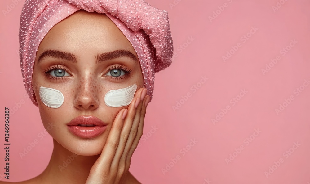 Young beautiful woman applies cream on clean perfect skin Young beautiful woman applies cream on clean perfect skin