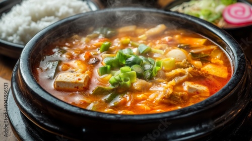  Steaming bowl of kimchi jjigae with tofu, pork, and vegetables in a rich broth, served in a traditional Korean stone pot with rice and side dishes